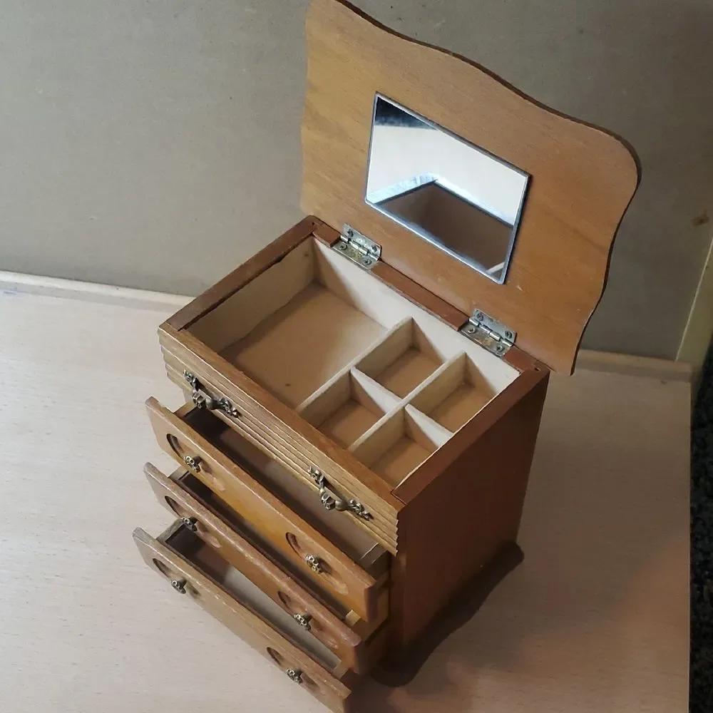 Vintage Wooden Jewelry Organizer with Mirror Trinket Box Hinged Cage